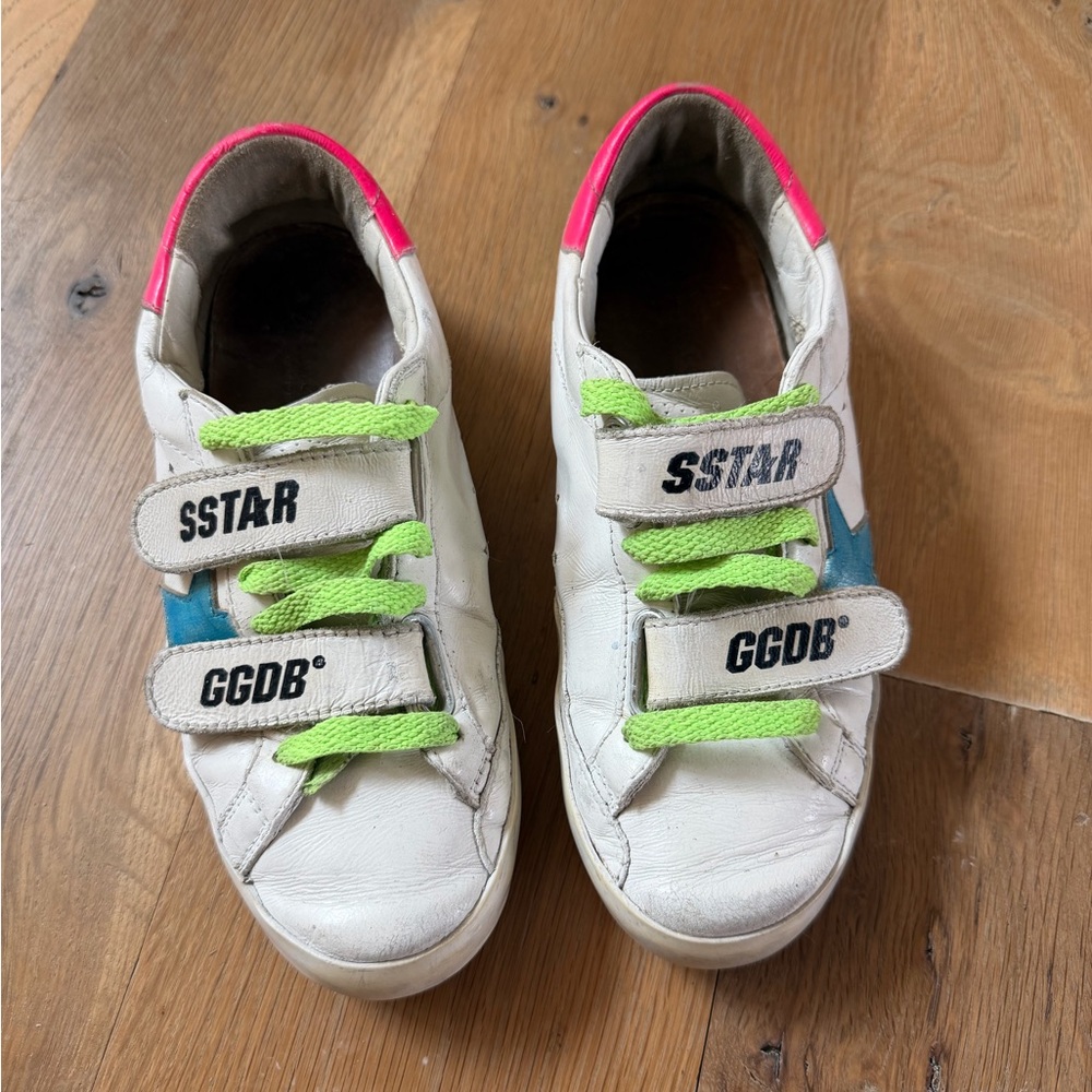 Golden Goose Kids White Sneakers with Neon Green Laces and Pink Heel